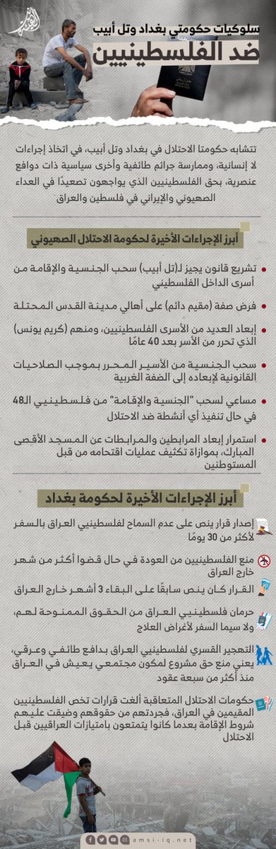 amsiiraq's tweet photo. الهيئة نت| #ذاكرة_عراقية: تتشابه السلطات الحكومية في #بغداد و"#تل_أبيب" في أساليب ومقاصد استهداف الفلسطينيين، بدوافع عدوانية ناتجة عن كونها حكومات احتلال.

|| من وثائقيات هيئة علماء المسلمين، في: (20 كانون الثاني/يناير 2023م).

⏺️ للاشتراك في قناة الهيئة على (تيليغرام): https://t.co/9rH3UoxFNG