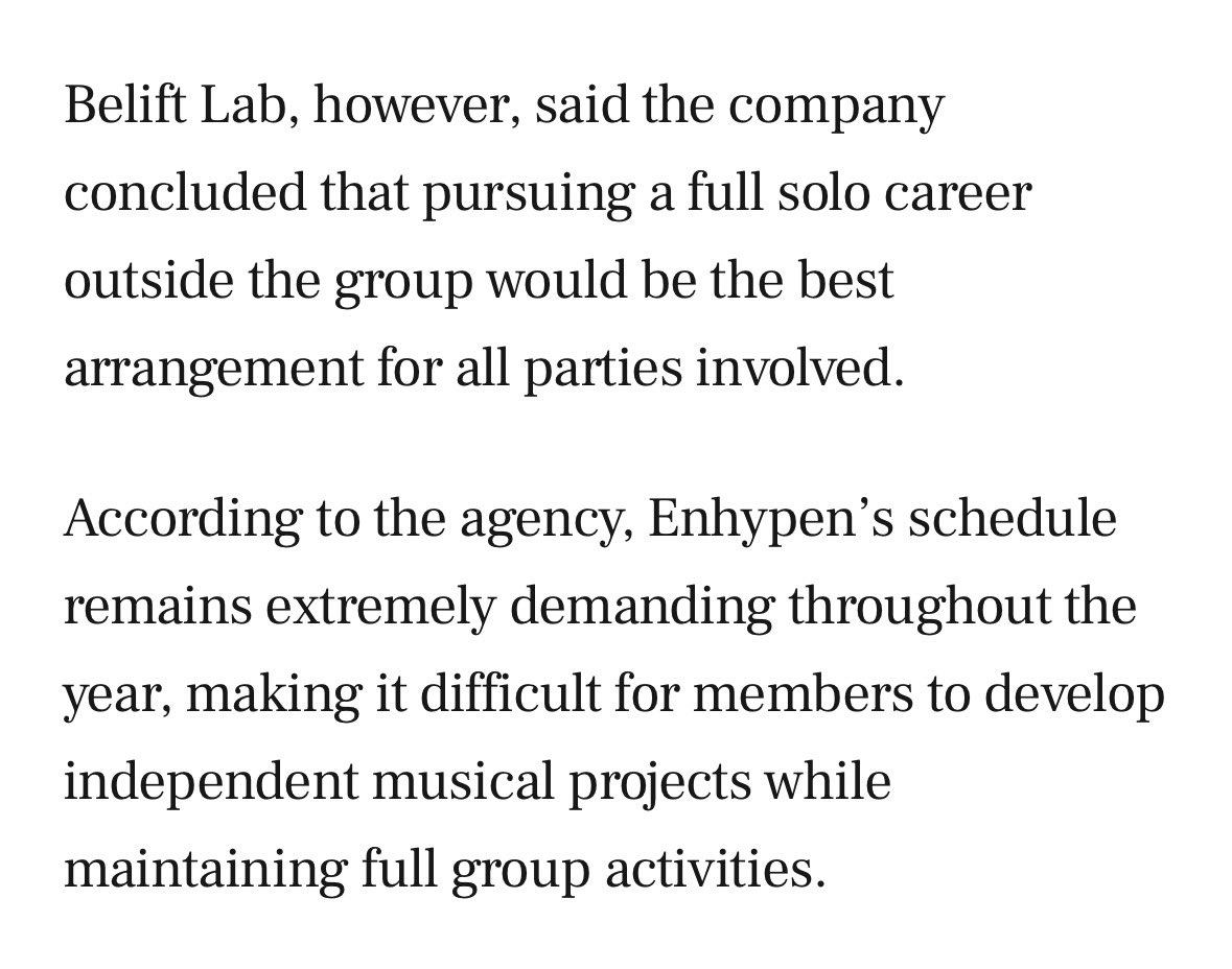 "According to the agency, Enhypen’s schedule remains extremely demanding throughout the year, making it difficult for members to develop independent musical projects while maintaining full group activities."

<a href="/BELIFTLAB/">BELIFT LAB</a> - YOU ARE A DISGRACE! You are the ones packing their
