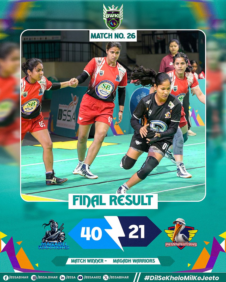 A dominant performance by Magadh Warriors as they secure a convincing win! 💥🤾‍♀️
With strong raids and solid defense, they defeat Patna Pelicans 40–21 in Match 26. 🏆🔥
What a team effort on the mat! 

2nd Bihar Women’s Kabaddi League 2026🏆

 Date:11th – 17th March

📍 Venue: