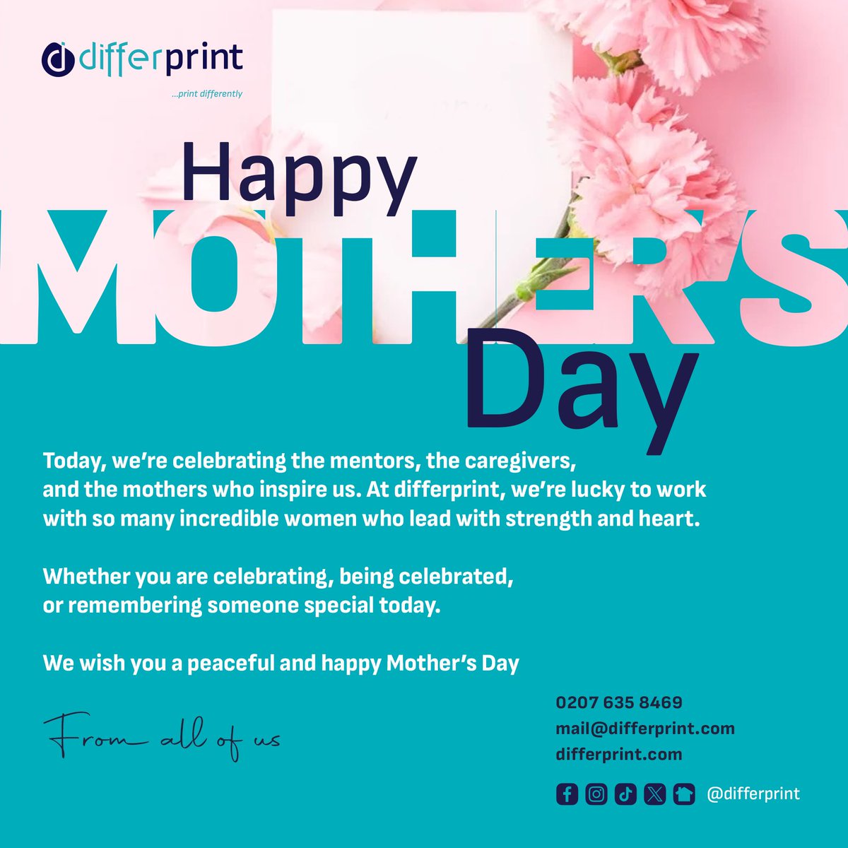 differprint's tweet photo. Today, we’re celebrating the mentors, the caregivers,
and the mothers who inspire us. At differprint, we’re lucky to work 
with so many incredible women who lead with strength and heart.

We wish you a peaceful and happy Mother’s Day https://t.co/sjwJKYPbqs