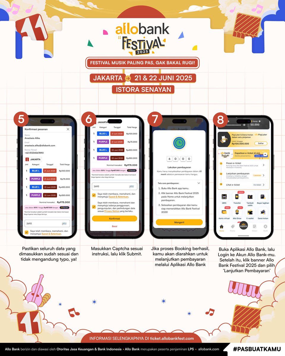cortis_thailand's tweet photo. วิธีการซื้อบัตรเข้าชมงาน Allo Bank Festival 2026 ผ่านแอป Allo Bank

*เงื่อนไข: ต้องมีเบอร์โทรศัพท์อินโดนีเซีย เพื่อใช้ลงทะเบียนผ่านแอป Allo Bank 

1. ลงทะเบียนผ่านแอป Allo Bank โดยในแอปจะมีลิงก์สำหรับเข้าถึงการซื้อบัตร ให้ทำการกรอกข้อมูลส่วนตัวและเลือกโซนที่นั่งที่ต้องการ

2. หลังจากเลือกโซนแล้ว แอปจะอัปเดตยอดชำระเงินผ่าน Allo Bank ให้โดยอัตโนมัติ และก่อนที่จะชำระเงิน ต้องตรวจสอบข้อมูลให้เรียบร้อยรวมถึงกรอก Captcha ให้ถูกต้อง

3. เมื่อชำระเงินสำเร็จแล้ว จะได้รับ E-ticket ตามโซนที่เลือกไว้ ให้เก็บรักษาบาร์โค้ดไว้ และห้ามแชร์ให้คนอื่นเด็ดขาด เพราะต้องใช้บาร์โค้ดนี้ในการนำไปแลกรับริสแบนด์สำหรับเข้างาน

*ข้อมูลข้างต้นอ้างอิงจากการเปิดขายบัตรในปี 2025 สำหรับงาน Allo Bank Festival 2026 ยังไม่มีการประกาศข้อมูลการกดบัตรและการจำหน่ายตัวอย่างเป็นทางการ หากประกาศแล้วจะอัปเดตให้ทราบอีกครั้ง

ขอบคุณข้อมูลจาก @CORTISINDONESIA 🙏🏻