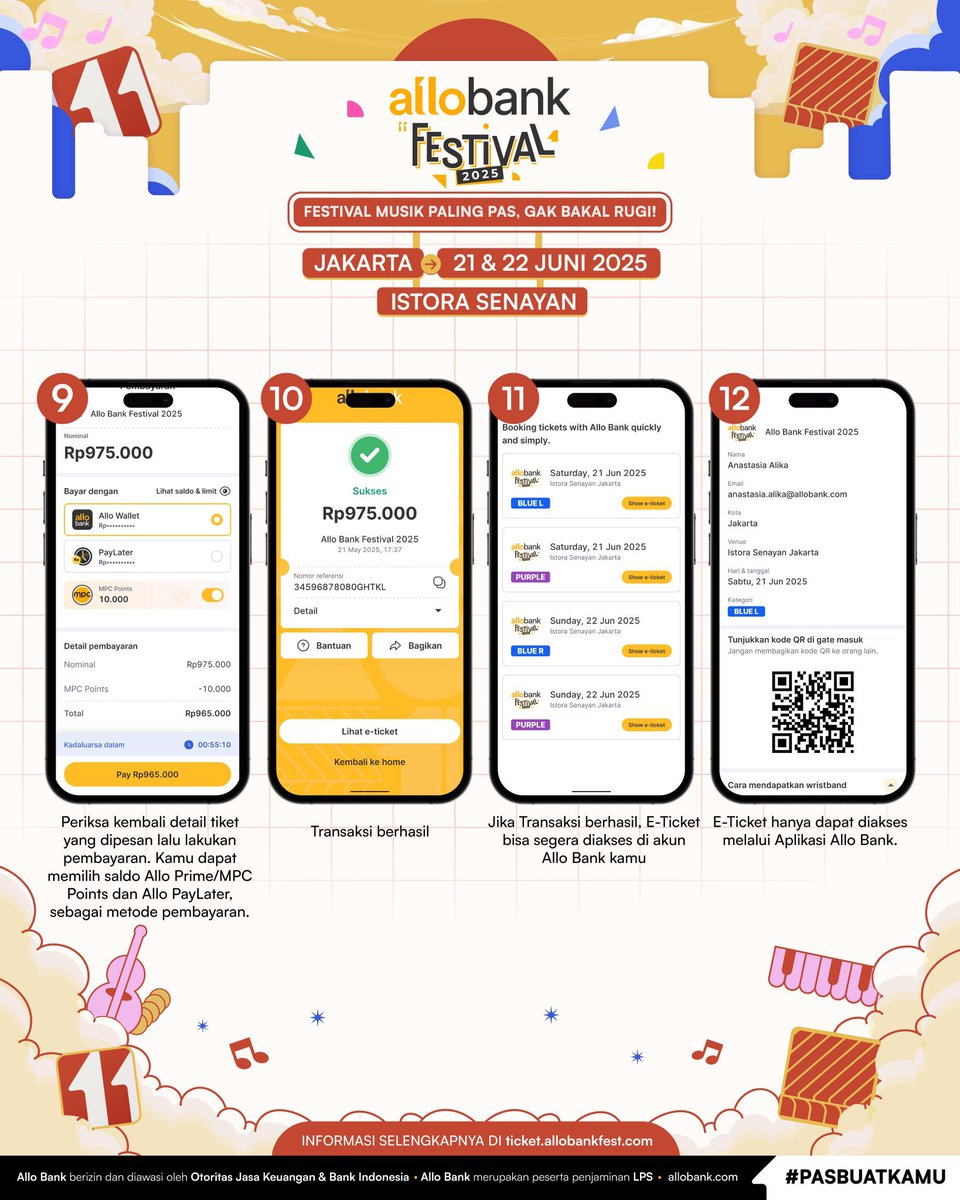 cortis_thailand's tweet photo. วิธีการซื้อบัตรเข้าชมงาน Allo Bank Festival 2026 ผ่านแอป Allo Bank

*เงื่อนไข: ต้องมีเบอร์โทรศัพท์อินโดนีเซีย เพื่อใช้ลงทะเบียนผ่านแอป Allo Bank 

1. ลงทะเบียนผ่านแอป Allo Bank โดยในแอปจะมีลิงก์สำหรับเข้าถึงการซื้อบัตร ให้ทำการกรอกข้อมูลส่วนตัวและเลือกโซนที่นั่งที่ต้องการ

2. หลังจากเลือกโซนแล้ว แอปจะอัปเดตยอดชำระเงินผ่าน Allo Bank ให้โดยอัตโนมัติ และก่อนที่จะชำระเงิน ต้องตรวจสอบข้อมูลให้เรียบร้อยรวมถึงกรอก Captcha ให้ถูกต้อง

3. เมื่อชำระเงินสำเร็จแล้ว จะได้รับ E-ticket ตามโซนที่เลือกไว้ ให้เก็บรักษาบาร์โค้ดไว้ และห้ามแชร์ให้คนอื่นเด็ดขาด เพราะต้องใช้บาร์โค้ดนี้ในการนำไปแลกรับริสแบนด์สำหรับเข้างาน

*ข้อมูลข้างต้นอ้างอิงจากการเปิดขายบัตรในปี 2025 สำหรับงาน Allo Bank Festival 2026 ยังไม่มีการประกาศข้อมูลการกดบัตรและการจำหน่ายตัวอย่างเป็นทางการ หากประกาศแล้วจะอัปเดตให้ทราบอีกครั้ง

ขอบคุณข้อมูลจาก @CORTISINDONESIA 🙏🏻