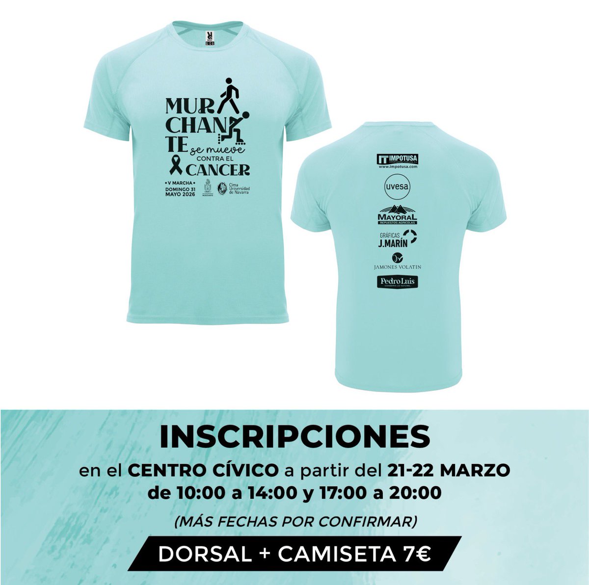 mursemueve's tweet photo. 📣 ¡Se abren las inscripciones!

Ya puedes apuntarte a la V Marcha Solidaria “Murchante se mueve contra el cáncer” 💚

🗓 Inscripciones: A partir del 21 y 22 de marzo
📍 Centro Cívico de Murchante
🕙 De 10:00 a 14:00 y de 17:00 a 20:00

🎽 Dorsal + camiseta: 7 €

#Mursemueve2026 https://t.co/YkYvJgFueY