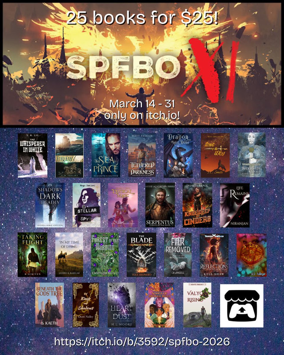 realmattfalcon's tweet photo. In case you missed it: my book is part of SPFBO 11 (XI if you like Roman numerals), and we’ve now got a little SPFBO deal happening for the remainder of March.

25 books for the price of 1 hardcover?

Who would want to miss that?

🔗 👇 https://t.co/V76v3AuDaC