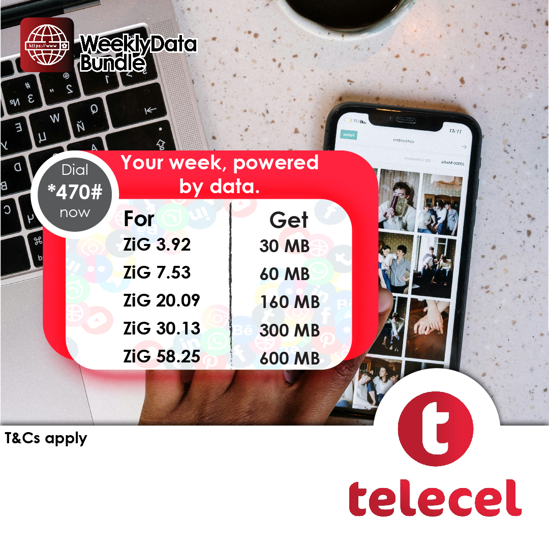 Telecel_Zim's tweet photo. With Telecel's weekly data bundles, you will never miss out on the daily trends. Simply dial *470# now, to purchase yours and stay updated.
Ts and Cs apply.
#WeeklyData
#TellSomeOne https://t.co/6YcPLSoFT6