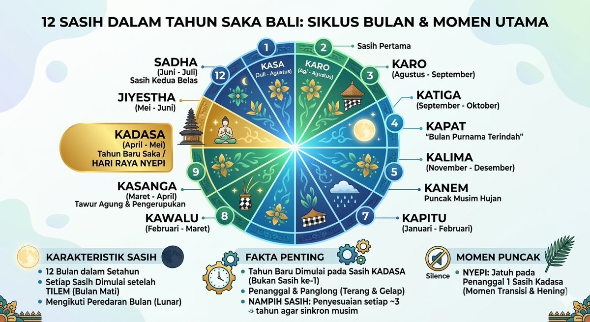 BaliKami's tweet photo. Kenapa Nyepi jatuh pada Penanggal 1 Sasih Kadasa (bulan ke-10) dan bukan Sasih Kasa (bulan ke-1)? 

Meskipun secara urutan angka Kasa berarti satu, ada alasan filosofis dan alamiah di baliknya

 Berikut penjelasannya : https://t.co/QBplOHE2HV