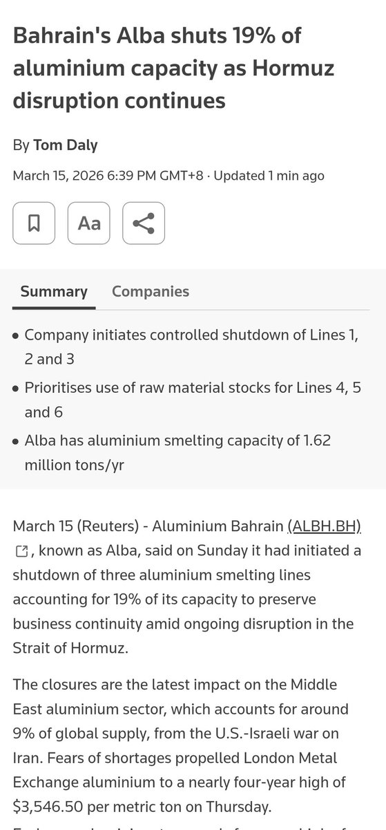Mojo_flyin's tweet photo. Bahrain's ALBA is shutting down 19% of its aluminum capacity as raw materials are depleting.

#Iran #US #Inflationtrade https://t.co/TnUryFZSCW