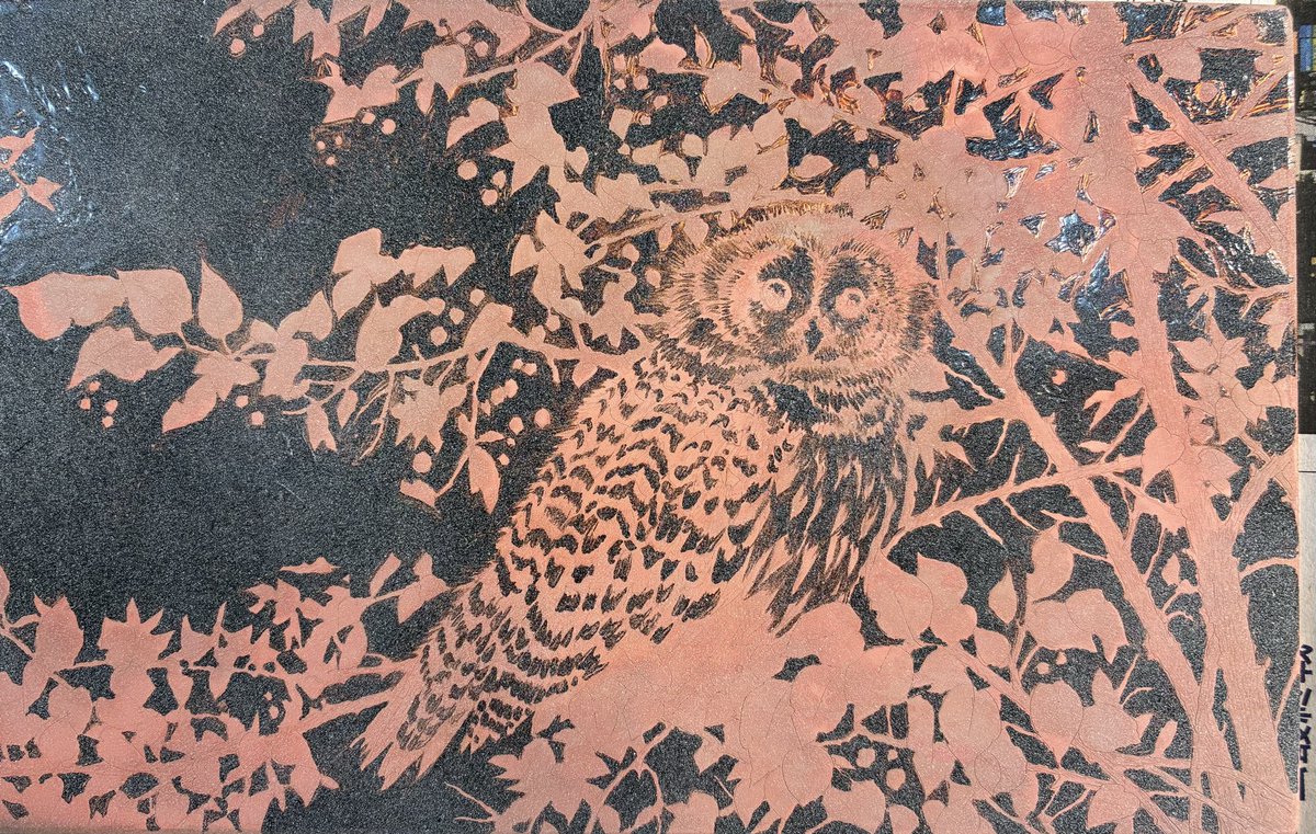 yu_grassbird's tweet image. グレーの色味を増やすため、塩化第二鉄を筆で直接塗って腐食させていきました。試し刷り2回目^ ^

#ao_etching_studio  #etching