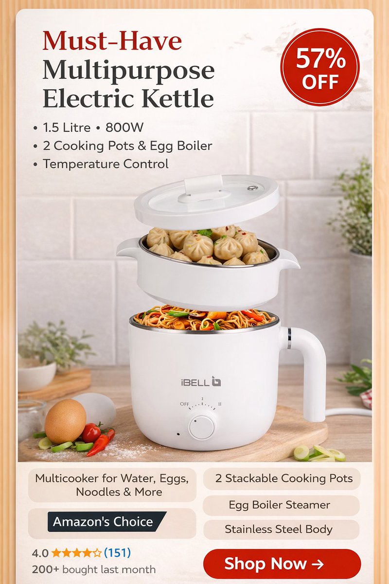 trendygadgets04's tweet image. This Multipurpose Electric Kettle Can Cook More Than Just Water!
Boil water, cook noodles, steam momos and boil eggs — all with one compact kettle.
Perfect for busy kitchens and small spaces.
Links 🖇️ amzn.to/4rw5DWi
#KitchenGadget #HomeEssentials #SmartKitchen