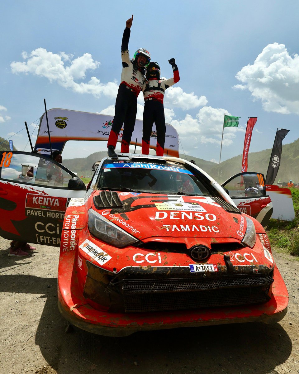 TGR_WRC's tweet photo. TAKA AND AARON ARE WRC RALLY WINNERS! ☝️

#ToyotaGAZOORacing #GRYaris #WRC #SafariRallyKenya 🇰🇪 https://t.co/idVGVDXb8C