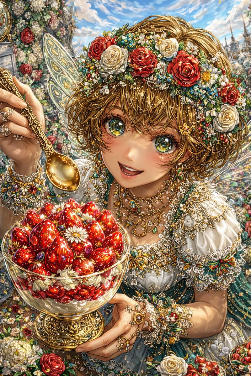 Jiyunosuke's tweet photo. A feast of light, petals, and sweetness…  
Guided by the creative tips I learned in the webinar, I followed not only prompts, but the flow of tools, layers, and detail—until this fairy’s joy began to breathe on its own. In the instant before the first bite, spring itself seems to bloom inside her eyes. May this overflowing sparkle gently stay with your heart, beyond time.

光と花びらと甘さがあふれる祝祭の一瞬…。  
今回の作品は、ウェビナーで学ばせていただいたTipsを取り入れながら、プロンプトだけに頼らず、ツールや描き込みの積み重ねで少しずつ世界を育てるように仕上げました。ひとくちの前の高鳴り、春そのものを映したような瞳、こぼれそうな幸福感。そんな小さな奇跡を閉じ込めた一枚です。  
この静かなきらめきが、時間に縛られずあなたの心にそっと寄り添えますように。💜✨

#JUNNOart #SweetFeastAwaits #StrawberryFairy #SpringFairy #StrawberryParfait #花の妖精 #いちごパフェ #FantasyArt #AIart