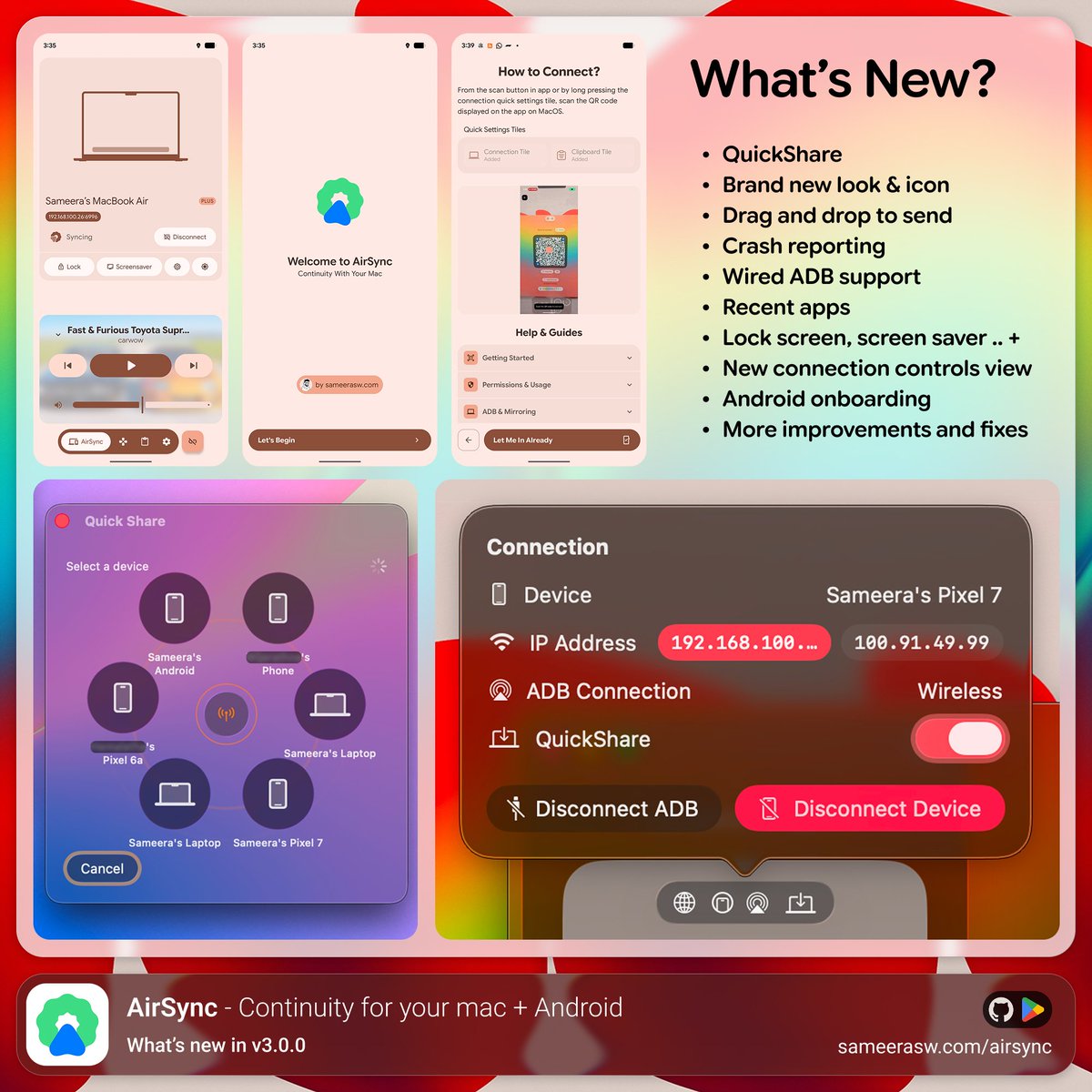 sameeraswdotcom's tweet photo. All new AirSync 3.0 with QuickShare support for Mac is now live!

This update also packs,
A brand new look and icons
Android onboarding 
&amp; More goodies!

Keep syncing (っ◕‿◕)っ

Android:
https://t.co/07KzUXCsnv

Mac:
https://t.co/g0rh5nm3Xz

#android #macos #apple #foss https://t.co/jrcjK1hQJQ