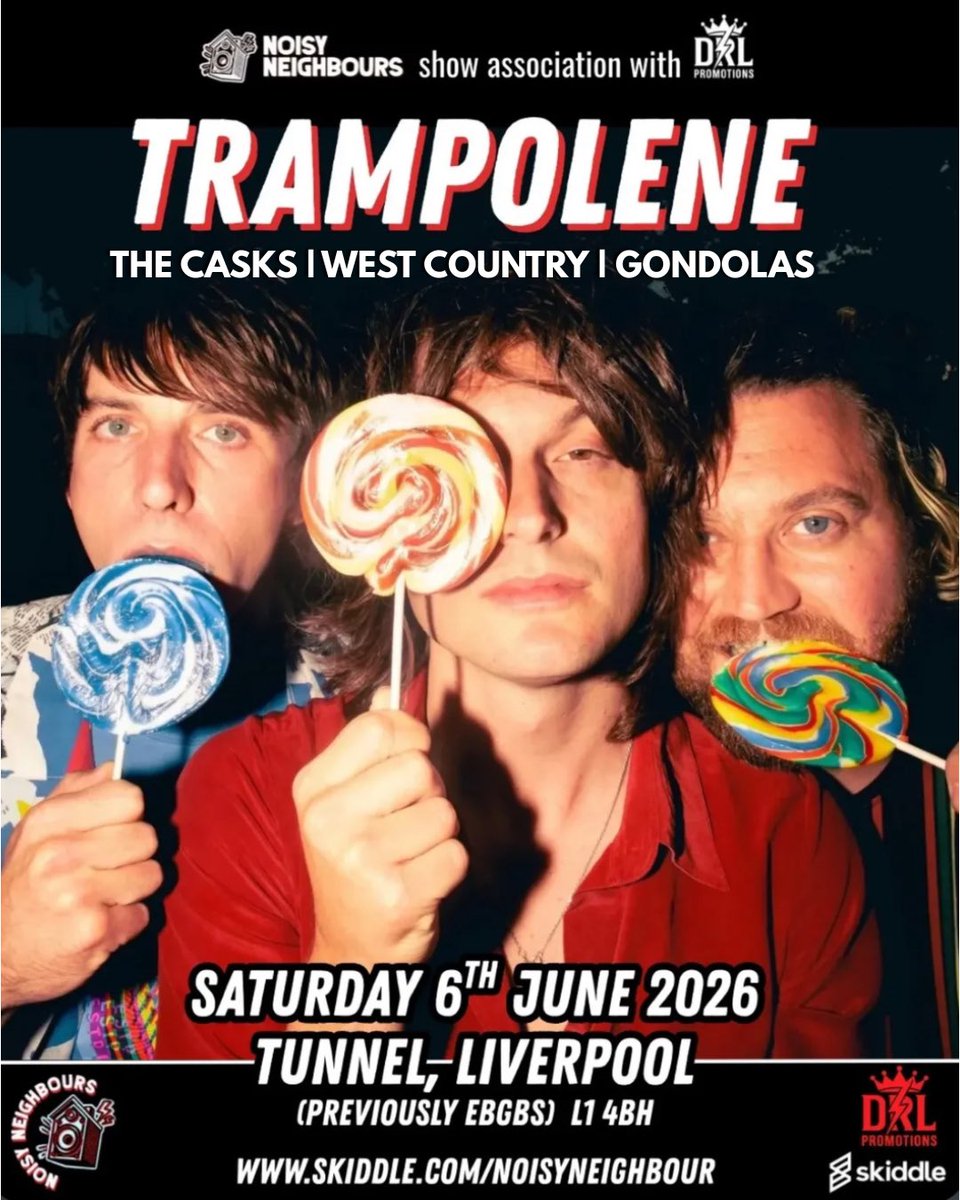 NoisyPromotions's tweet photo. SUPPORTS JUST IN 🚨

Made up to announce that #THECASKS, #WESTCOUNTRYBAND &amp; GONDOLAS
will support the almighty Trampolene (@Trampolene_Band) 
LIVE from Heebies Tunnel ! 🔥

6th June 2026 - Save the date! 

GET YOUR TICKETS NOW 👇

https://t.co/CeonsWvBgf https://t.co/QOLtbg8TTv
