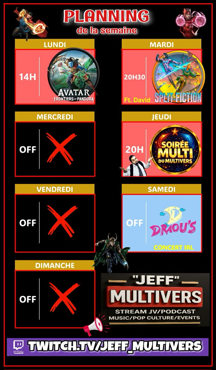 Jeff_Multivers's tweet photo. ▶️ PLANNING DU 16/03 AU 22/03
🟣https://t.co/sCK8WSL48m
✅Lundi: GAMING #AvatarFrontiersofPandora - 14H
✅Mardi: GAMING #splitfiction - 20H30
✅Jeudi: GAMING - Soirée Multi - 20H
🎵 Samedi: CONCERT IRL #DRAOUS
#Live #Twitch #jeffmultivers #gaming #streaming #vendee #France #ps5 https://t.co/p589uJAQQd