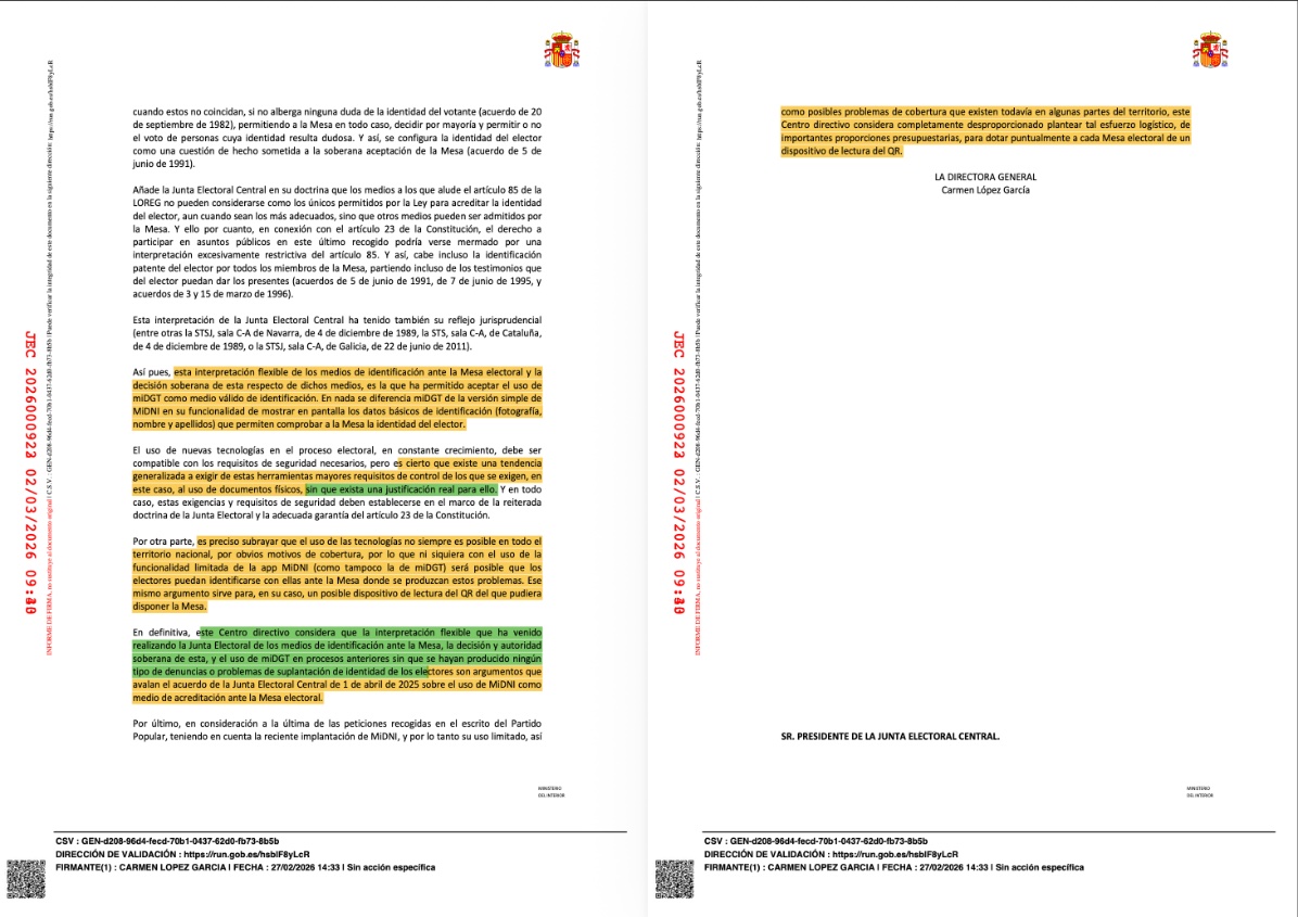 La pregunta es: ¿le pediría el Gobierno a una entidad bancaria que utilizara con sus clientes sus aplicaciones digitales sin los controles legales de verificación electrónica? No cabe en la cabeza, ¿verdad? Entonces, ¿por qué se lo pide a la Junta Electoral Central para votar?