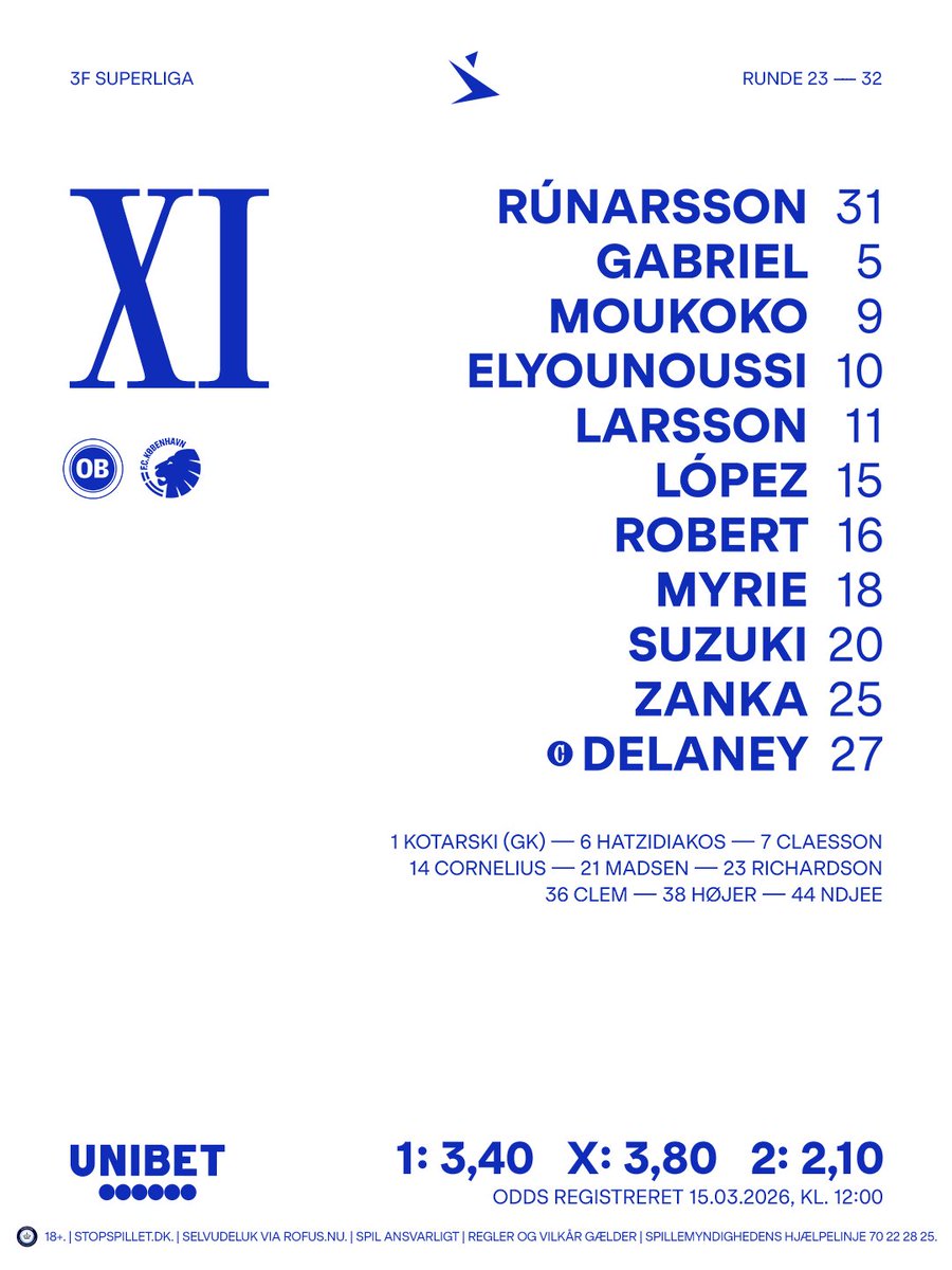 FCKobenhavn's tweet photo. Start-11 mod OB præsenteres i samarbejde med vores officielle bettingpartner @Unibet_Danmark

#fcklive #startXI https://t.co/ypxJGPO5Dp