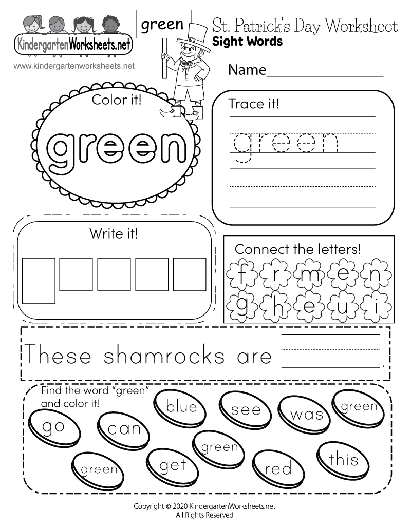 funkindergarten's tweet photo. Color, trace, and write the sight word ‘green’ with this free St. Patrick’s Day worksheet. You can download and print it here: https://t.co/43smgZ3hTt #kindergarten https://t.co/wZornftU7J