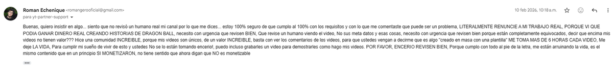 db_roman49152's tweet photo. Aquí las últimas 3 imágenes... En mi último correo ya se nota mi desesperación total. Literalmente dejé todo para cumplir mi sueño y duele muchísimo que una persona de soporte me responda con textos prefabricados sin tomarse el tiempo de valorar mi trabajo. 💔 https://t.co/yXF8sUKjba