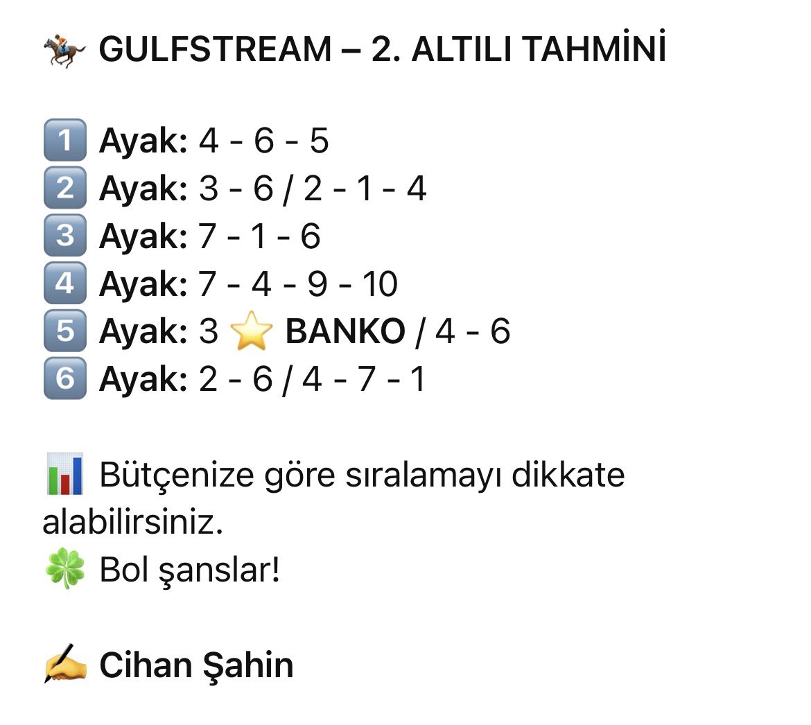 CihanSahin87's tweet photo. 🏇 GULFSTREAM – 2. ALTILI TAHMİNİ
#tjk
#altılı
#gulf 
#yabancı https://t.co/jC1HjDPQMr