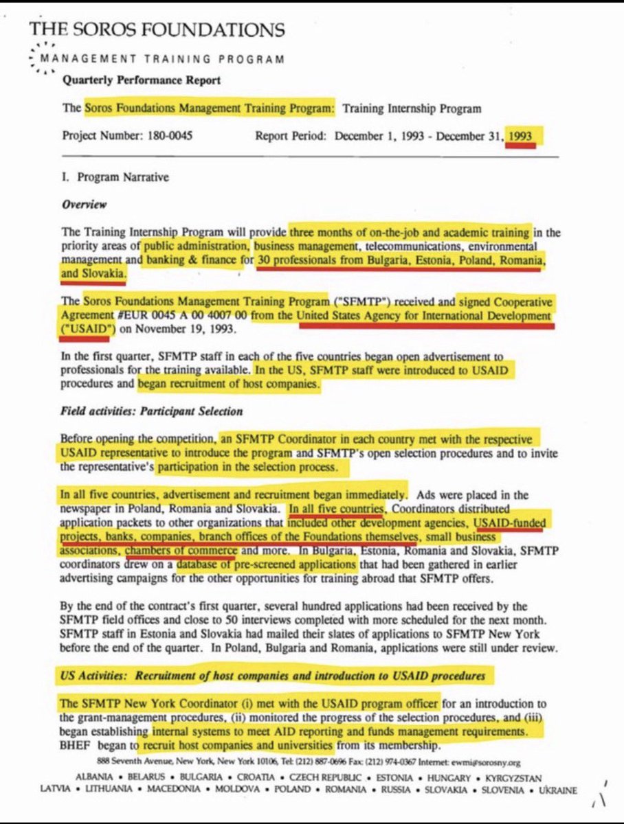 Here is: 

Soros Foundations report from 1993 showing Soros had just signed a cooperative agreement with USAID to groom puppets, topple governments and destroy western civilization.

—- The Soros Foundations Management Training Program ("SFMP*) received and signed Cooperative
