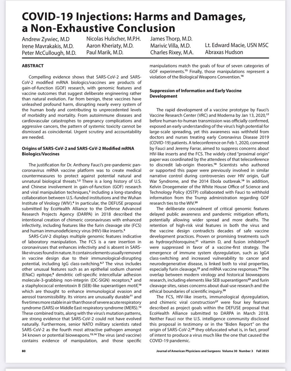 SternDrewCrypto's tweet photo. 🚨 THE GREAT BETRAYAL: COVID WAS A BIOWEAPON & THE JAB WAS THE KILL SHOT 🚨

They engineered SARS-CoV-2 in a lab with gain-of-function madness. Wuhan leaks do not happen by accident. Then they rolled out the mRNA "vaccines" as the real payload: bioweapons disguised as salvation.

Your own government, doctors, nurses, employers, even family ALL coerced, mandated, shamed, and FORCED you to inject this poison into your body. They lied about "safe and effective," censored the truth, destroyed lives, and shredded every civil liberty in the name of "public health."

The carnage? Exploding autoimmune diseases, turbo-charged aggressive cancers in the young and healthy, skyrocketing heart attacks, strokes, miscarriages, neurological devastation, and excess deaths that never stop climbing.

The verdict is in:

The COVID-19 pandemic response violated core principles of public health, medical freedom, and bodily autonomy, amplifying the devastating effects of SARS-CoV-2 and its modified mRNA biologics/vaccines. The overwhelming evidence of SARS-CoV-2’s gain-of-function origins, coupled with the catastrophic health impacts of modified mRNA COVID-19 biologics/vaccines and the unchecked expansion of next-generation mRNA biologics, paints a chilling picture of deliberate design and systemic harm. Engineered viral features and vaccines that devastate immunological, cardiovascular, reproductive, and neurological systems have driven staggering morbidity and mortality, with effects unlikely to be accidental. Coordinated efforts to obscure these truths, enabled by liability shields and legislative failures, have worsened a global health disaster. The surge in autoimmune diseases, aggressive cancers, pregnancy losses, cardiovascular fatalities, societal fragmentation, and the looming risks of advanced mRNA platforms demand an immediate halt to mRNA vaccine and biologic use, comprehensive investigations into the motives behind this unprecedented violation of public trust, and robust measures to restore safe therapeutics and ethical public health practices. Humanity deserves accountability, transparency, and a resolute commitment to preventing such engineered calamities in the future.

This was not incompetence. This was INTENTIONAL. They violated our bodies, our freedoms, and our future. The architects walk free while millions suffer and die.

Wake up before the next "biologic" rollout.

We NEED @DNAOnChain NOW.