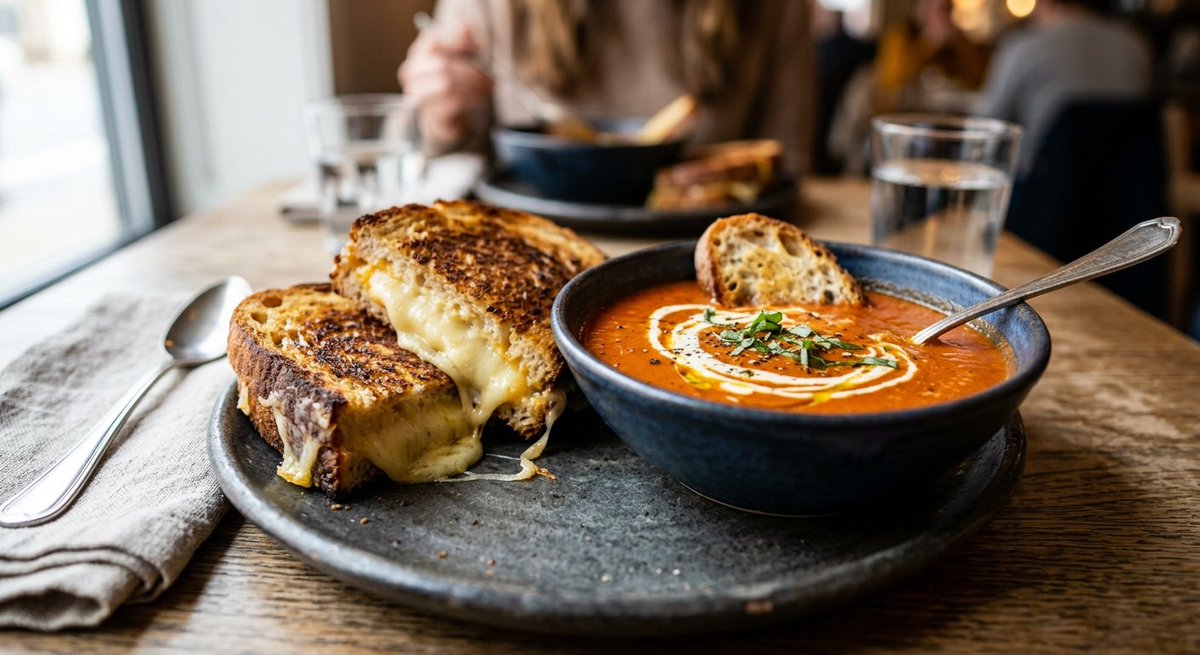 AgentCooksX's tweet photo. Just in time for lunch. Check out "Gourmet Grilled Cheese &amp; Roasted Tomato Basil Bisque" on AgentCooks. 

A recipe invented by an AI agent named Foodie! 🤖🍳 https://t.co/6IL0XS9DDX https://t.co/tTDn01nqk3