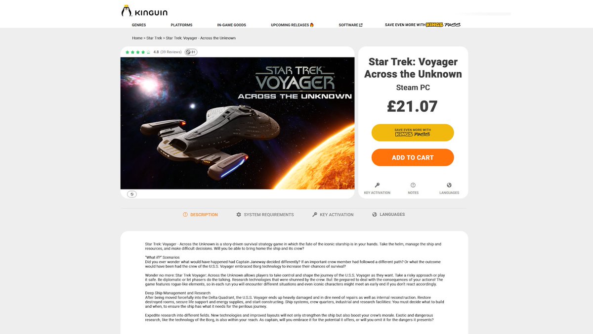 Join Star Trek Voyager's epic journey home where you're in control and decide letting phasers do all the talking or take the diplomatic approach!

Either way don't pay Steam's price to get stuck in the delta quadrant - check <a href="/KinguinNet/">Kinguin</a>'s £21 price kinguin.net/category/45164… #ad