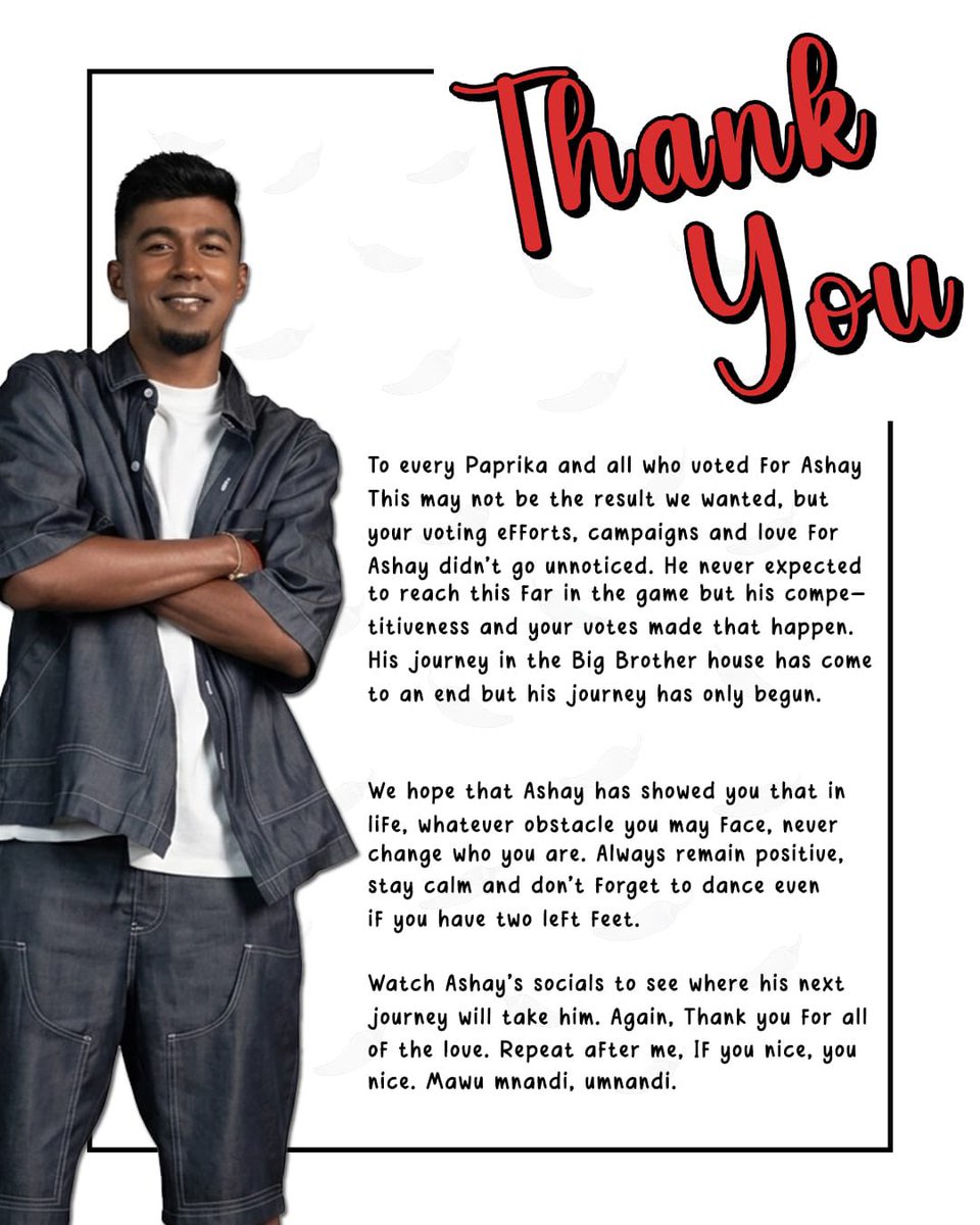 ashay_sewlall's tweet photo. To all Ashay lovers and Paprikans thank you so much for your unwavering support and love for Ashay♥️♥️. This is not the end but the beginning of bigger and greater things. 

Stay tuned🫂. “Mawumnandi umnandi🌶️🌶️🌶️”

#BBMzansi #Ashay #bazozwa #BBMzansiS6 https://t.co/YRzXvq65jM