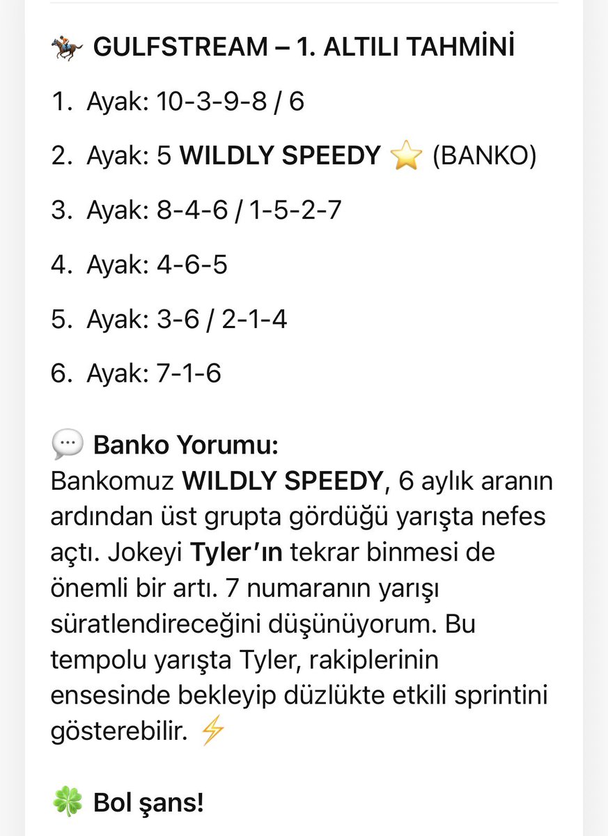 CihanSahin87's tweet photo. 🏇 GULFSTREAM – 1. ALTILI TAHMİNİ
#tjk
#altılı
#gulf 
#yabancı https://t.co/f1uvYjDgoT