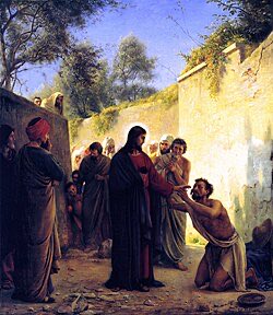 BeSaintly's tweet photo. Jesus anoints the blind man not with oil, but with clay - because it echoes Genesis when God created man from the earth.

Through Baptism and in Christ we are a new creation.

Then Jesus tells him to go “wash” in the pool, and he “sees” the world not in a new way but through new eyes