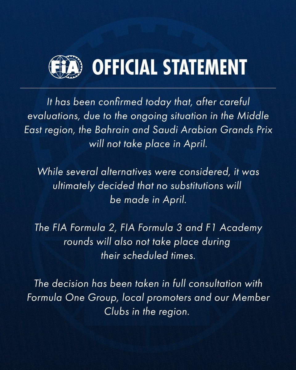 Bahrain and Saudi Arabian Grands Prix will not take place in April.
#FIA #F1