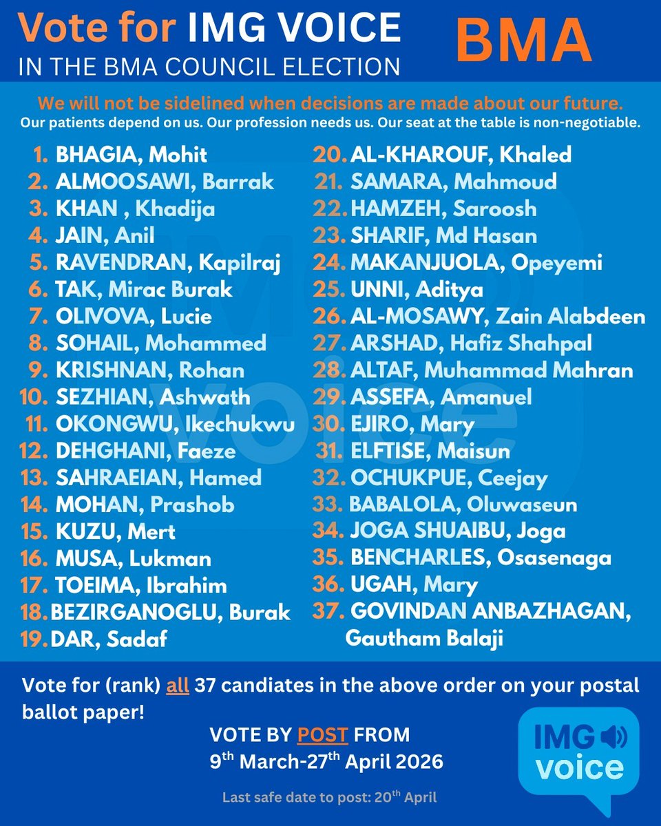 lobatan_tunde's tweet photo. Here is a our 5 point agenda for the BMA. 
Also, voting made easy. Vote for the candidates in the order listed to ensure fair training and career progression. 
IMGVOICE is here to make sure your voices are heard.
Vote now and get your colleagues to vote. https://t.co/OHVMTpRL8F