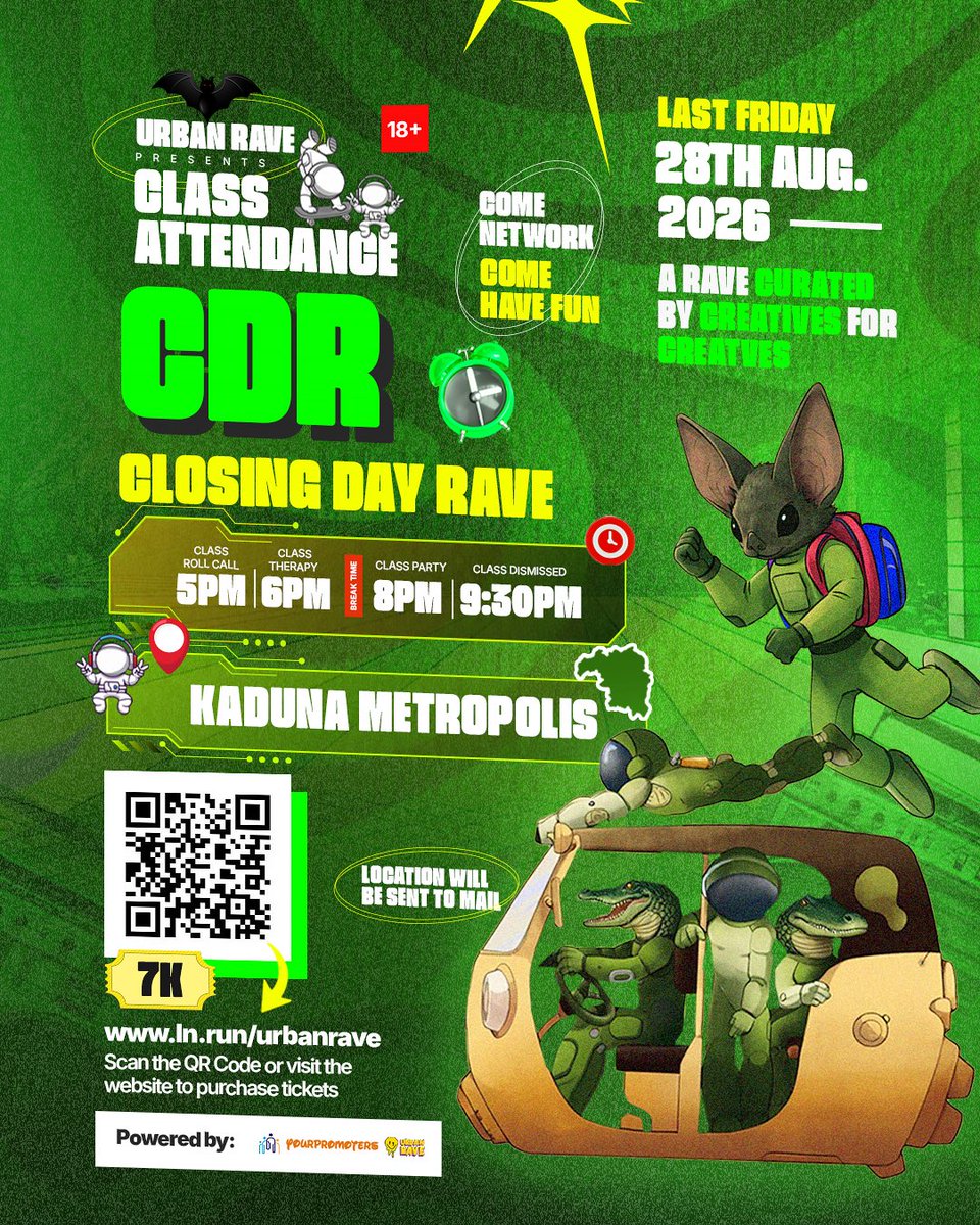 28th AUGUST 2026 URP x CLASS ATTENDANCE PRESENTS “CDR” CLOSING DAY RAVE.

Curated by creatives for creatives.

Come for the RAVE 🦇 Stay for the Experience 🤩

All relevant information on posters read carefully.

SEE YOU SOON ALL 

Get tixs🎫 ww.ln.run/urbanrave

🦇🚀🐊

💜