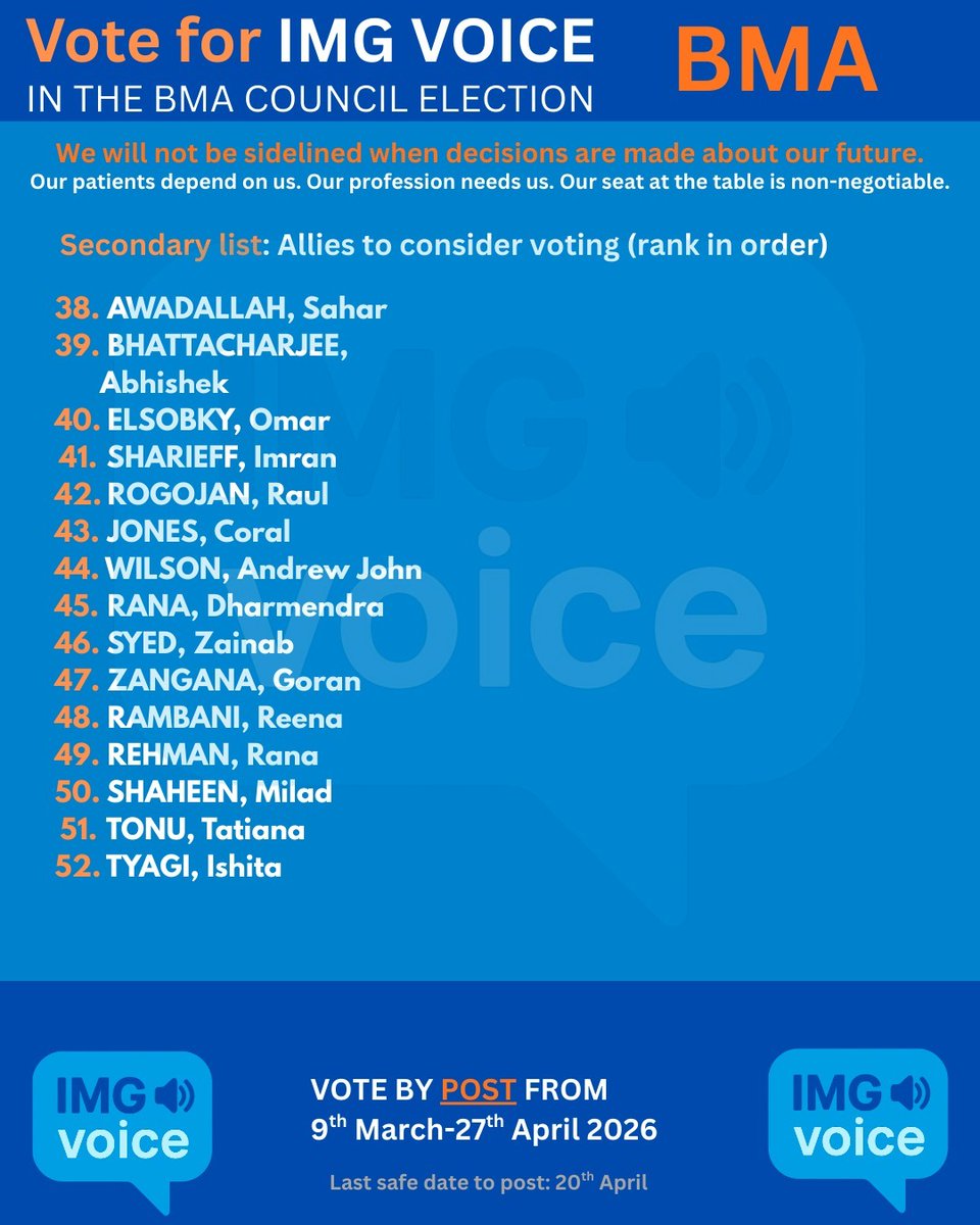 lobatan_tunde's tweet photo. Here is a our 5 point agenda for the BMA. 
Also, voting made easy. Vote for the candidates in the order listed to ensure fair training and career progression. 
IMGVOICE is here to make sure your voices are heard.
Vote now and get your colleagues to vote. https://t.co/OHVMTpRL8F