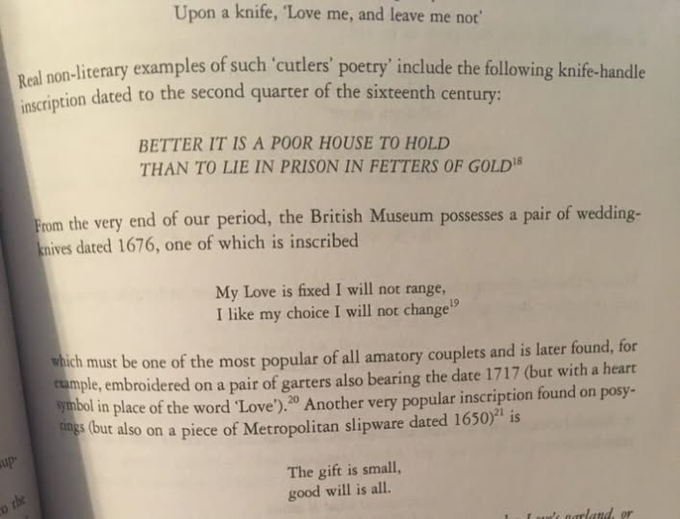 Parthenogenics's tweet photo. A common gift for newlyweds in the Early Modern period was the wedding-knife, sometimes worn in a girdle by the bride to symbolize her new role as matriarch.

Blades might be inscribed with love poems, as below: https://t.co/Sgm1xkECBB