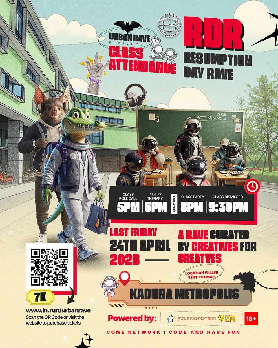 24th APRIL 2026 URP x CLASS ATTENDANCE PRESENTS “RDR” RESUMPTION DAY RAVE.

Curated by creatives for creatives.

Come for the RAVE 🦇 Stay for the Experience 🤩

All relevant information on posters read carefully.

SEE YOU SOON ALL 

Get tixs🎫 ln.run/urbanrave

🦇🚀🐊

💜