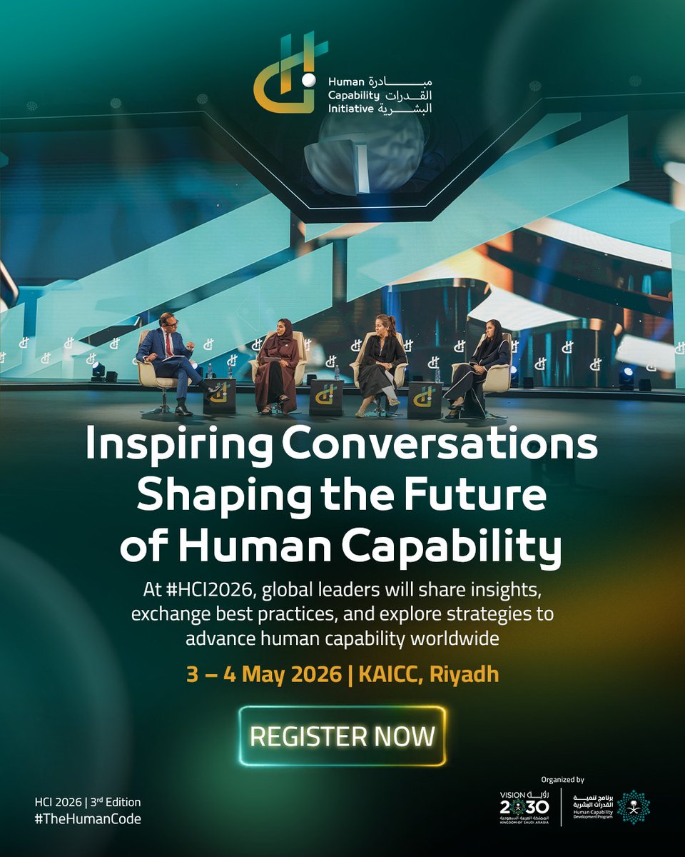 HCI_KSA's tweet photo. What ideas will define the future of human capability?
At #HCI2026, leaders from around the world come together to exchange perspectives and explore what’s next.
Register now: https://t.co/gTF1kYGAyS

#SaudiVision2030 | #TheHumanCode