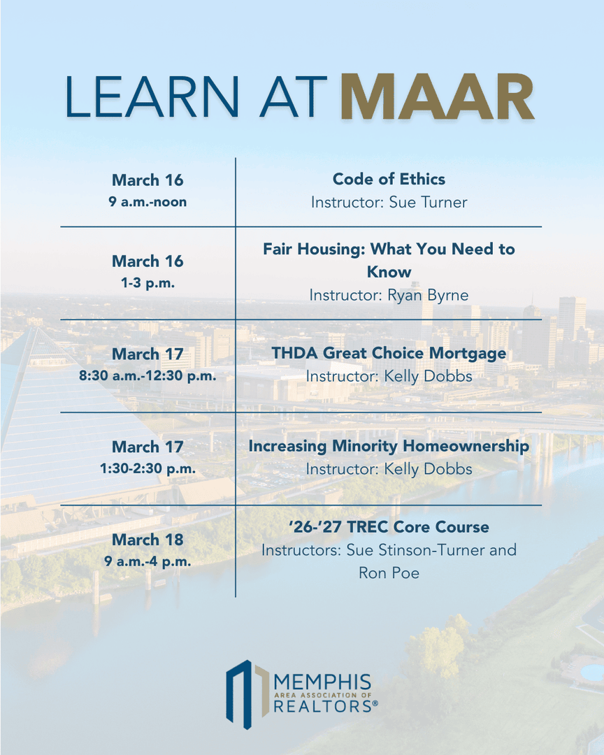 memphisrealtors's tweet photo. Come learn with us at MAAR this week! 📚

Register for a class ➡️ https://t.co/2rfJWlhhz7 https://t.co/vmJbjX1V0v
