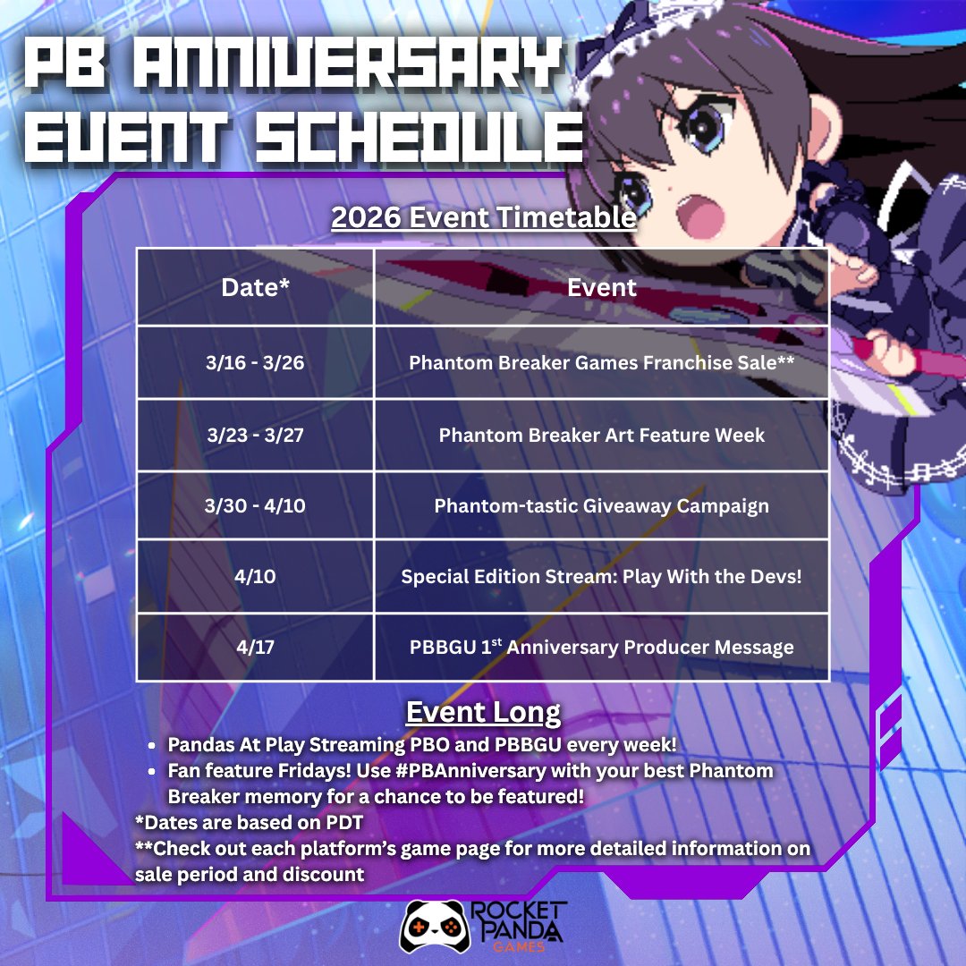HAPPY PHANTOM BREAKER ANNIVERSARY! 🐼🎉

We’re celebrating #PBO and #PBBGU for a whole month!
Check out the schedule for our event lineup, featuring streams, community events, and more. 🎮

Is the fire in your heart is burning?! 💜🔥
Join in on the #PBAnniversary festivites!