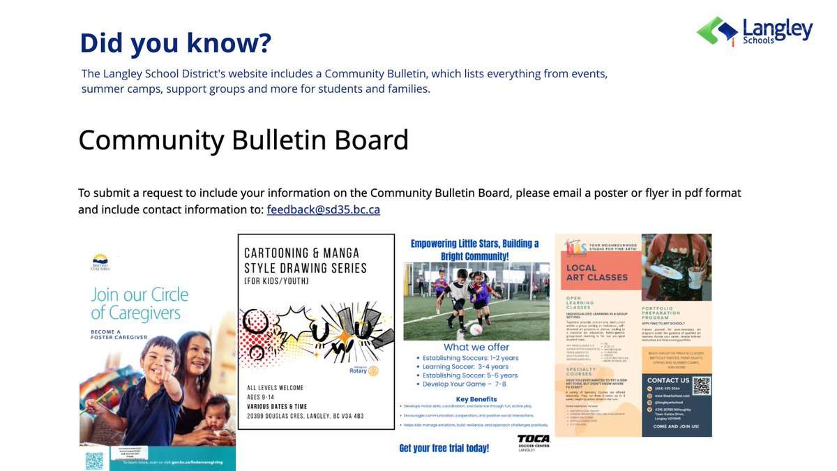 LangleySchools's tweet photo. Did you know? The Langley School District website has a Community Bulletin Board, which lists events, camps, support groups and more for students and families. Check it out here: https://t.co/fvXUJIIlXN https://t.co/MhSX3SAg0D