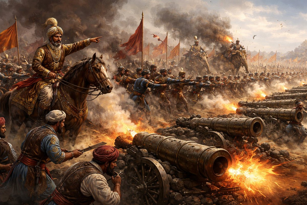 1️⃣ चीन में बारूद का आविष्कार
लगभग 9वीं सदी (800–900 AD) में चीन के रसायनज्ञों ने बारूद बनाया। बाद में यह तकनीक मंगोलों और सिल्क रोड के जरिए मध्य एशिया और यूरोप तक पहुंची।

2️⃣ बाबर और आधुनिक हथियार
Babur जब भारत आए तो उनके पास केवल सेना ही नहीं बल्कि नयी युद्ध तकनीक भी थी।
1526