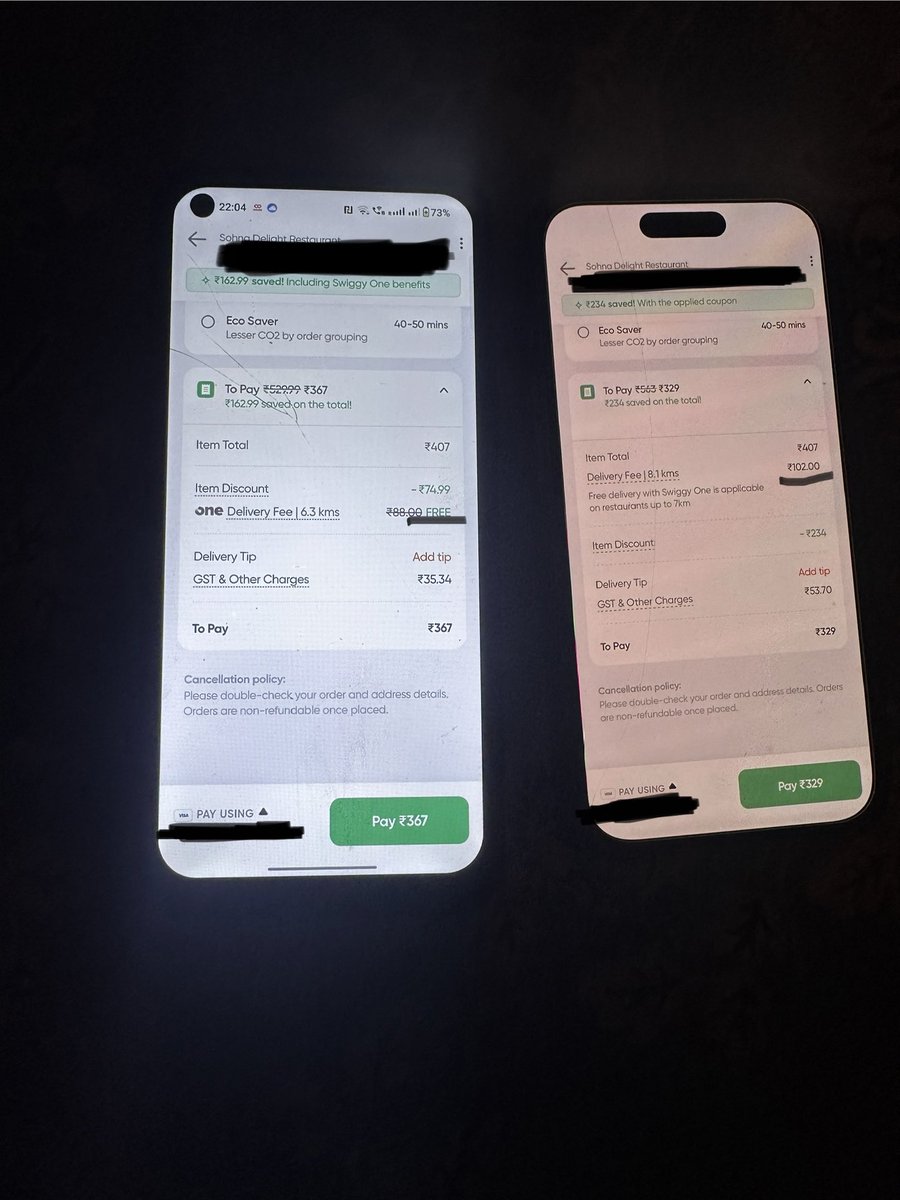 avinashshelf's tweet photo. Same restaurant on Swiggy showing different distances on two phones.

Phone 1: 6.3 km (android)→ Free delivery with Swiggy One
Phone 2(iphone): 8.1 km → ₹102 delivery fee

Same location, same restaurant. Why two different distances? 🤔

@Swiggy https://t.co/lb5AP3qhFl