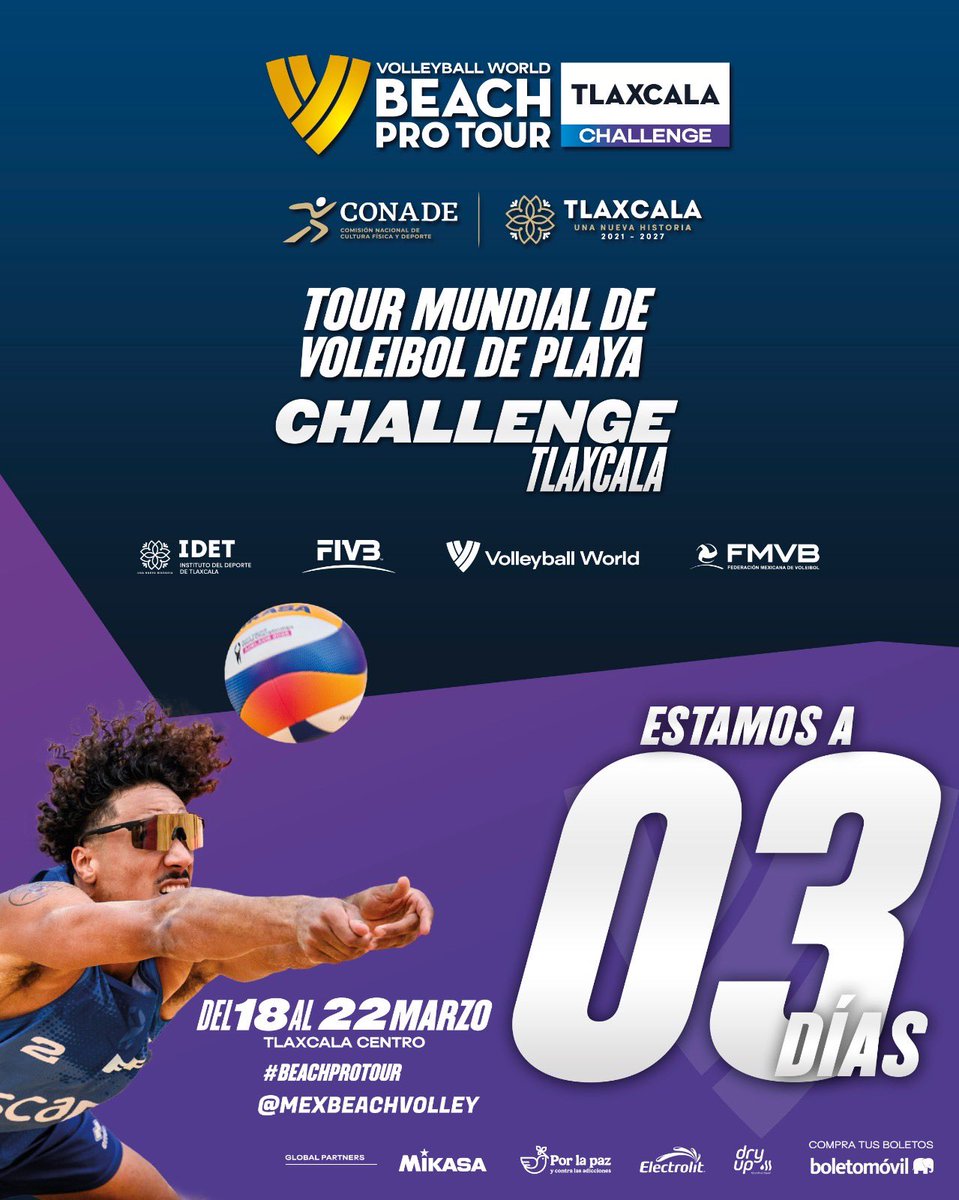 🏐 ¡Estamos a 3 días de que llegue a Tlaxcala el mejor voleibol de playa!
👉 La arena está lista y Tlaxcala se prepara para vivir la intensidad del Tour Mundial 🌎
Las mejores duplas internacionales protagonizarán partidos llenos de emoción, talento y adrenalina.
🏟️ Cuatro sedes
