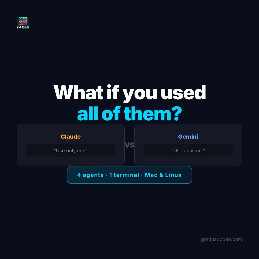 QuadCodeApp's tweet photo. Stop picking one AI and hoping for the best.

QuadCode runs Claude, Gemini, Codex and Aider at the same time. Compare answers side by side. Pick what works.

Free trial at https://t.co/32Zj2hgb0i

#quadcode #ai #devtools #coding #claude #gemini https://t.co/e912N6igQm