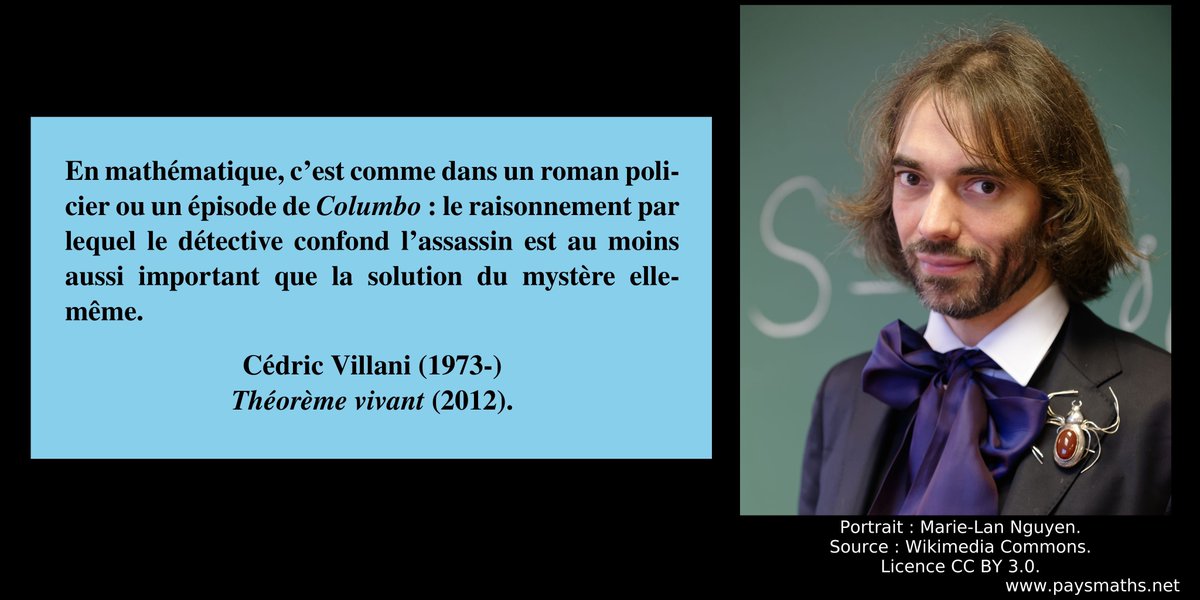 paysmaths's tweet image. "En mathématique, c'est comme dans un roman policier ou un épisode de Columbo : le raisonnement par lequel le détective confond l'assassin est au moins aussi important que la solution du mystère elle-même." – Cédric Villani (1973-)
#citation #mathématiques #raisonnement #maths