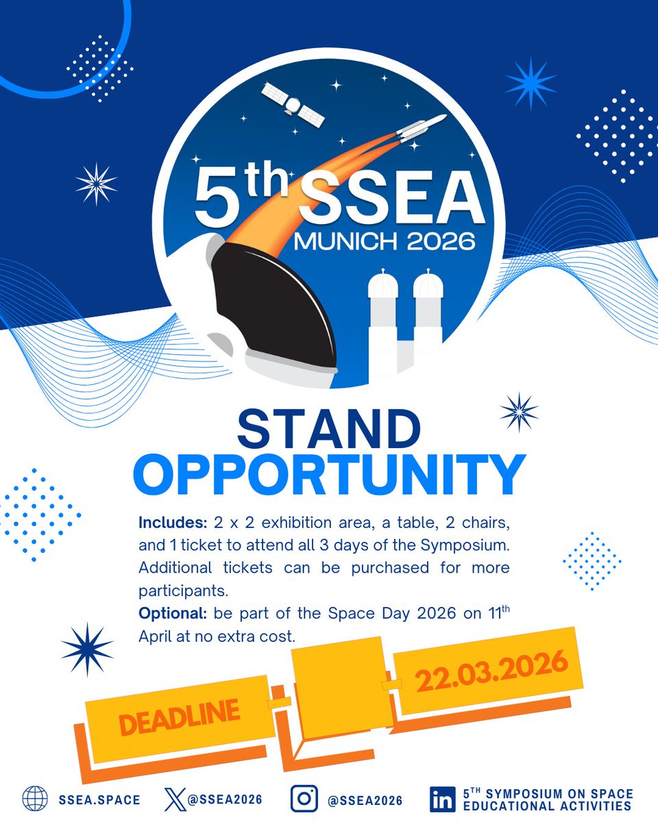 ssea2026's tweet photo. ⏳ Last call for associations and companies in the space sector

The deadline to apply for a company or association stand at #SSEA2026 is 22 March.
➡️ Secure your stand at https://t.co/AxXye0Sn5Q
@ESA__Education https://t.co/FCepnndHn2