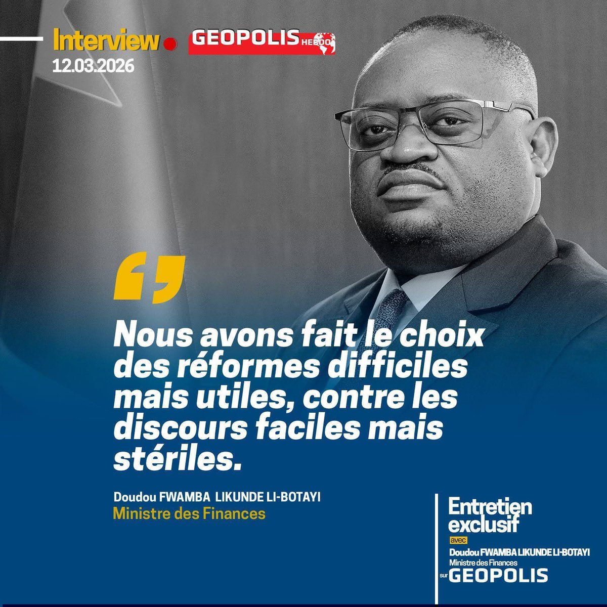 Dkm12450978's tweet photo. L'interview du Ministre des Finances Doudou Fwamba @LikundeR au Magazine GEOPOLIS de Willy Kalengayi. 

Le développement dans les commentaires. https://t.co/RoQTia8fOB