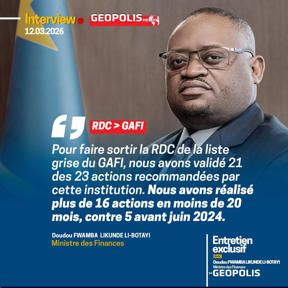 Dkm12450978's tweet photo. L'interview du Ministre des Finances Doudou Fwamba @LikundeR au Magazine GEOPOLIS de Willy Kalengayi. 

Le développement dans les commentaires. https://t.co/RoQTia8fOB