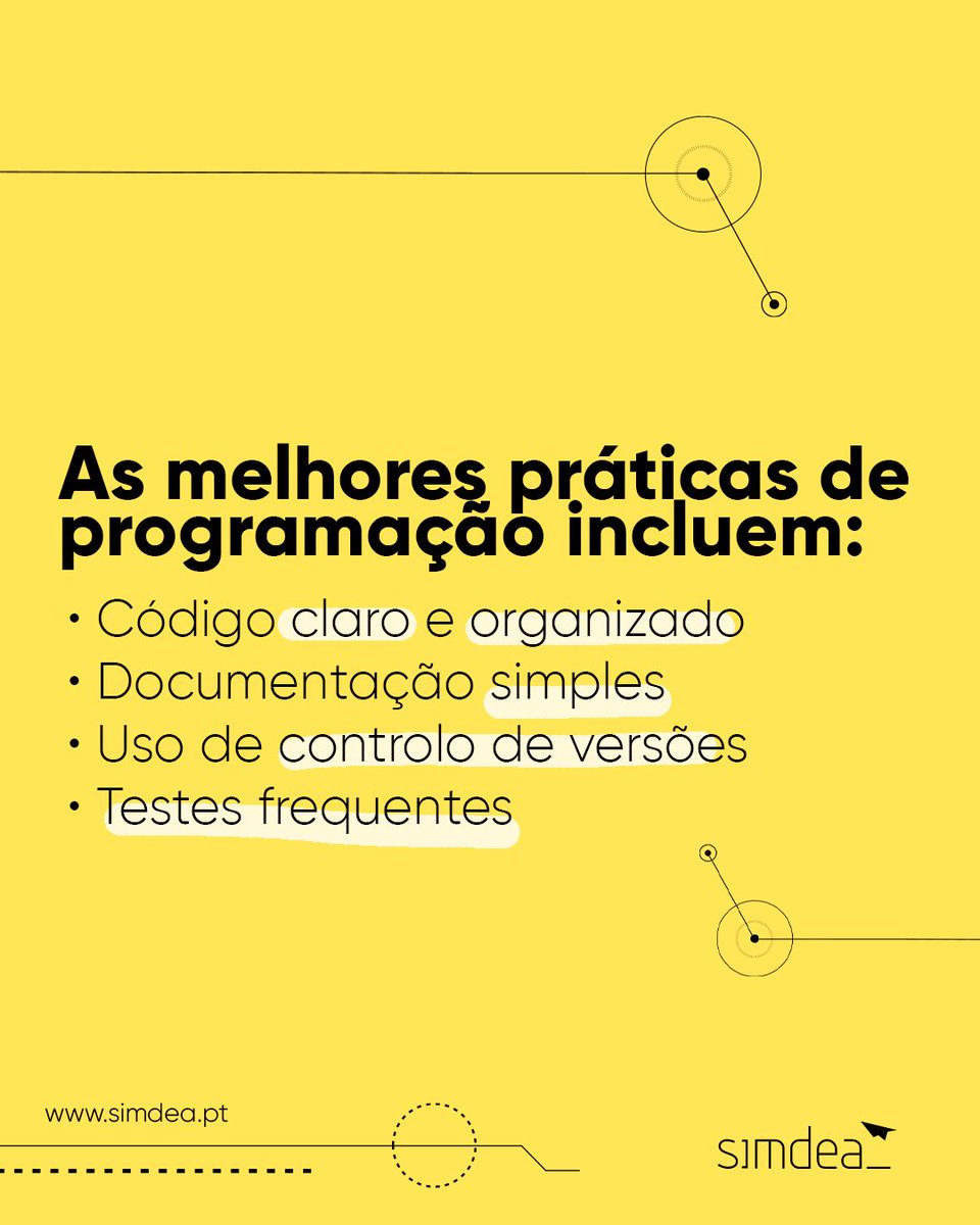 Boas práticas de programação fazem toda a diferença no desenvolvimento de um software. 

Um código claro e bem estruturado facilita a colaboração entre equipas e garante soluções eficientes. 

Na Simdea, procuramos clarificar e melhorar a tua programação. 

👉Fala connosco