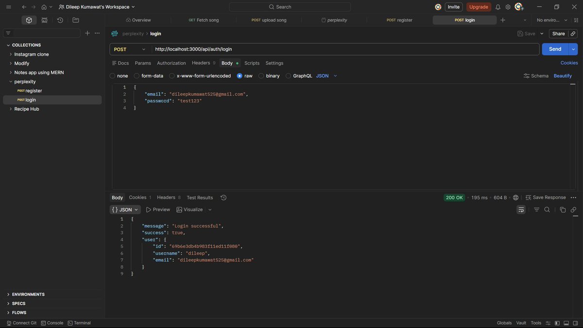 dilsecode's tweet photo. Day 2 building my Perplexity AI clone 🚀

✅ Auth (Register/Login)
📧 Email verification
🧠 AI query API with LangChain
Next: https://t.co/B0IFrRV9PP for real-time responses.

GitHub: https://t.co/fXgoqAgBWu

#buildinpublic #AI #NodeJS https://t.co/xDjUa7q2l5
